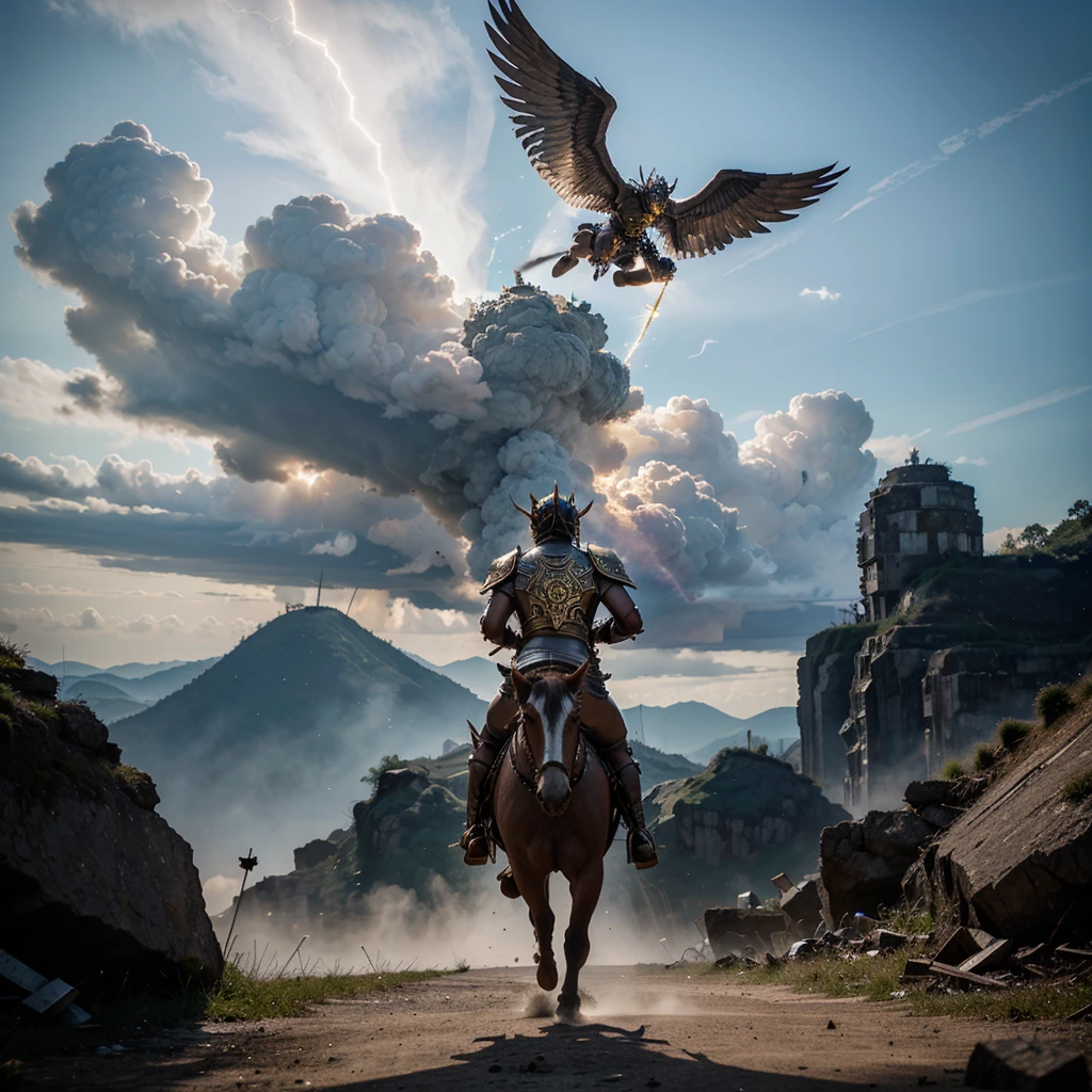 Showing handsome Indonesian youth in full HD high resolution. wearing a white armor and wings with the words "Days-Art", a war-axe tucked over his shoulder, essemble a damaged minotaur made of gold-plated titanium iron, displaying blue smoke and lightning, riding a black minoraur flying vehicle facing sideways looks out a very large portal on the side, dead city in the background