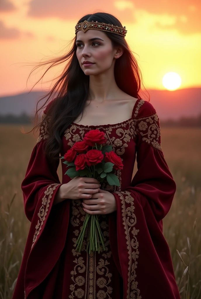 
A striking young woman with a serene, noble presence is depicted as a medieval princess. She stands against the backdrop of a setting sun, her long, dark hair cascading over her shoulders, blowing slightly in the evening breeze. Dressed in an ornate, flowing gown of deep burgundy velvet, embroidered with intricate golden patterns, she exudes regality and poise. The gown’s sleeves are long and flared, reminiscent of the classic medieval style, and she wears a delicate gold circlet on her head, adorned with small rubies that catch the fading light. In her hands, she holds a bouquet of fresh red roses, a symbol of her kingdom’s prosperity and beauty. Her expression is calm and reflective, as if she is pondering the responsibilities and challenges of her royal duties. Behind her, the twilight sky glows softly, casting a warm, ethereal light over her figure, making her appear almost otherworldly—like a princess from an ancient tale.

