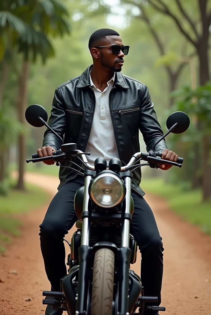 Illustration of a tall light-skinned black man with fine features, with low cut hair, thin moustache, slim but defined body, sitting on top of a black Yamaha drag star 350cc motorcycle wearing black jeans and a black leather jacket with a white shirt underneath, wearing black Ray ban sunglasses. He has his face turned slightly to the side and further back in the landscape.. He is on a dirt road with trees behind, typical of the city of Vitória da Conquista Bahia Brazil.