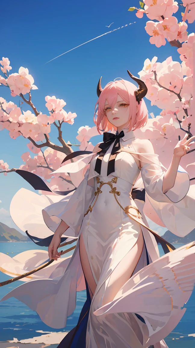 Seven Rayal, Ancient Star Goddess, Perfect Female Anatomy (Adult female, Height: 166cm, Pale skin, slim, thin, Breast size: 34D, Dark orange eyes with beautiful details, Pink short bob、Pink short hair, Mole Mole on right cheekbone, She has black horns on her head), Neutral facial expression, Elegant white dress and black bow tie, Blue coat knee length, Dragon motif, Gold and rope accessories, A view of the blue sky with only clouds, Receiving light from the front, Mysterious glow