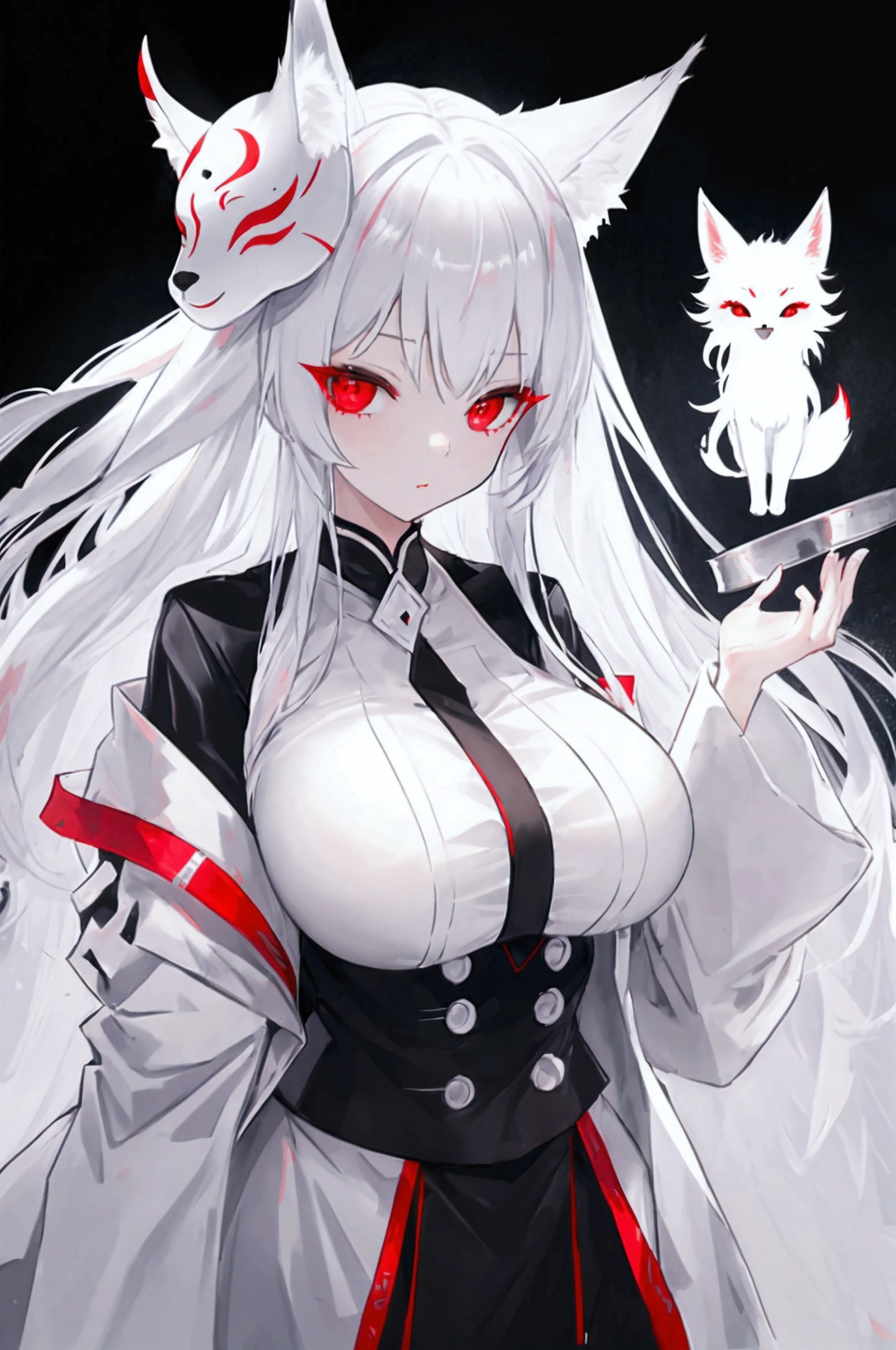 Silver hair, long hair, red eyes, cute face,sexy , I_CUP(HUGE_BREASTS) , White fox ears, nine white fox tails, There is a white fox mask on the top right of the head,white jacket 