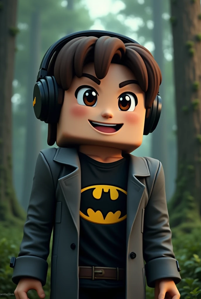 Smiling Minecraft guy with dark brown hair wearing a black shirt with the batman symbol on the chest and wearing headphones on his head. And deep down be a forest. And under the black shirt there is a gray coat