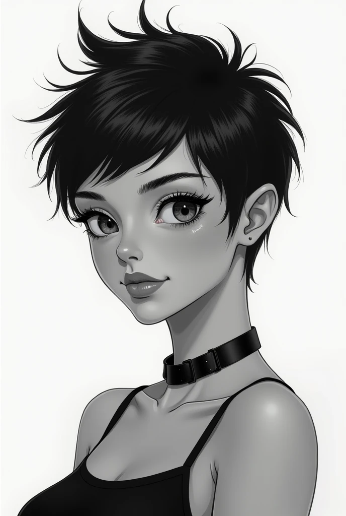 a girl with pixie cut hair ,fat in black white