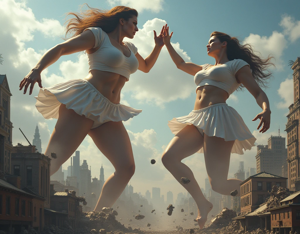 (Giant girl Art), (Super Best masterpiece giant girl Raw Photography Art), (16K, Highest quality, Ultra-high resolution, RAW Photos), (Although it is the real world, It's so unrealistic.), (Very detailed描写の, fight巨人女, Ultra-realistic), (Asian Women, So beautiful and detailed, Perfect female body, Accurate female body structure, Accurate female body movements, Very detailed女体ボディ, Super big breasts), Short sleeve shirt, Short skirt, I can see your pants, Very cute face, (Very detailed描写, Clear and accurate perspective depiction, Ultra-wide field of view, Focus on the average value of the image), (Very detailed, World collapse panic movie depiction), Height 1,000m class giant girl, 2 people, The face and body are identical, fight, Scramble, Catfight, Action Movie, (2 peopleの巨女がミニチュアな街まるごとぶっ壊す描写), 見物客はfightの巻き添えに遭う, Top View