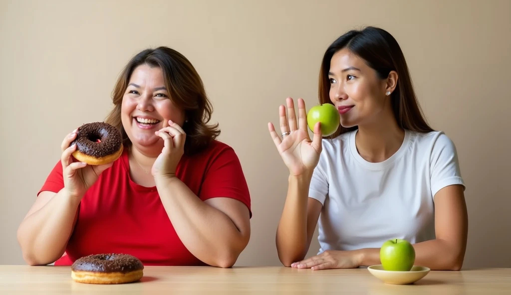 Two women side by side. On the left an overweight woman wearing a red short sleeved shirt.with a smile eating a chocolate covered donut, on the right a slim, well-looking woman eating a bright green apple in her left hand. The woman is sitting at a light wooden table, wearing a white short sleeved shirt. She has a calm and content expression. His right hand is extended forward with fingers spread in a palm-up gesture., indicating rejection or stop in relation to the donut. The background features a simple beige wall, providing a neutral backdrop and allowing the focus to remain on the subject and the two women's food choices. The lighting is soft and natural, coming from the left side, creating a bright, well-lit scene that highlights the freshness of the food items and the textures of the women's skin and clothing. The overall mood of the image conveys a sense of choice and mindfulness in making a healthy decision..