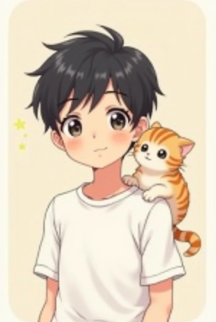 Anime art cute boy with white ti shirt and black hair  with cat
