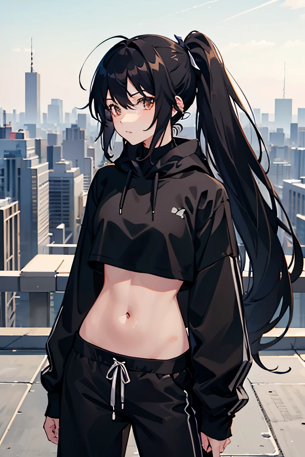 very good image, a cute beautiful anime tomboy girl, long black hair, ponytail, white crop top hoodie, black training pants, city(hd view), high quality, high details