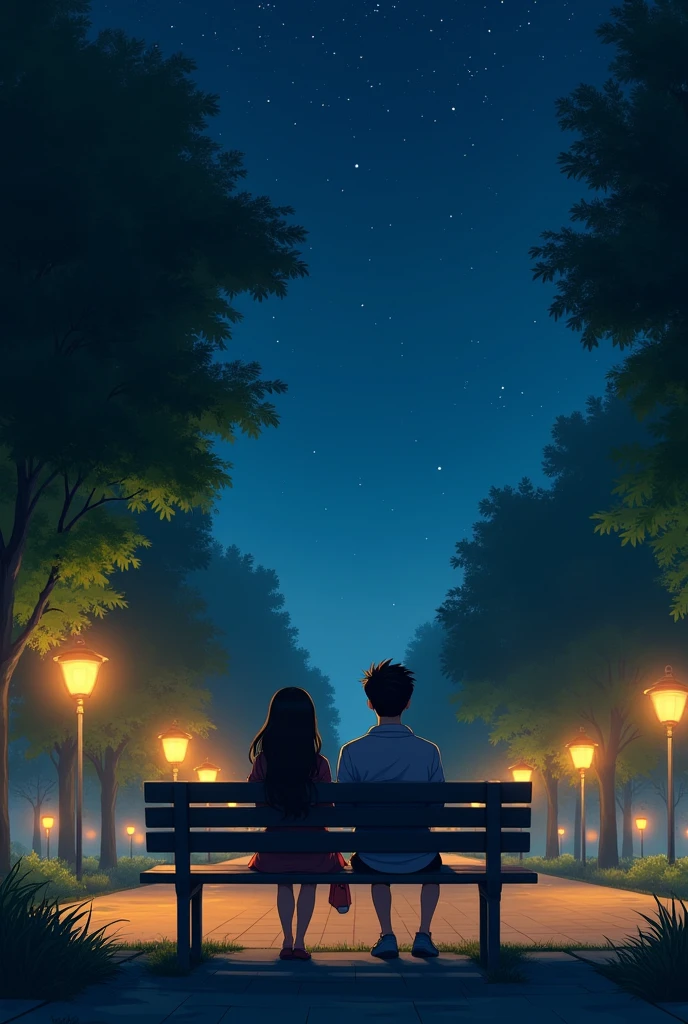 creates an image of two young people sitting in a park at night