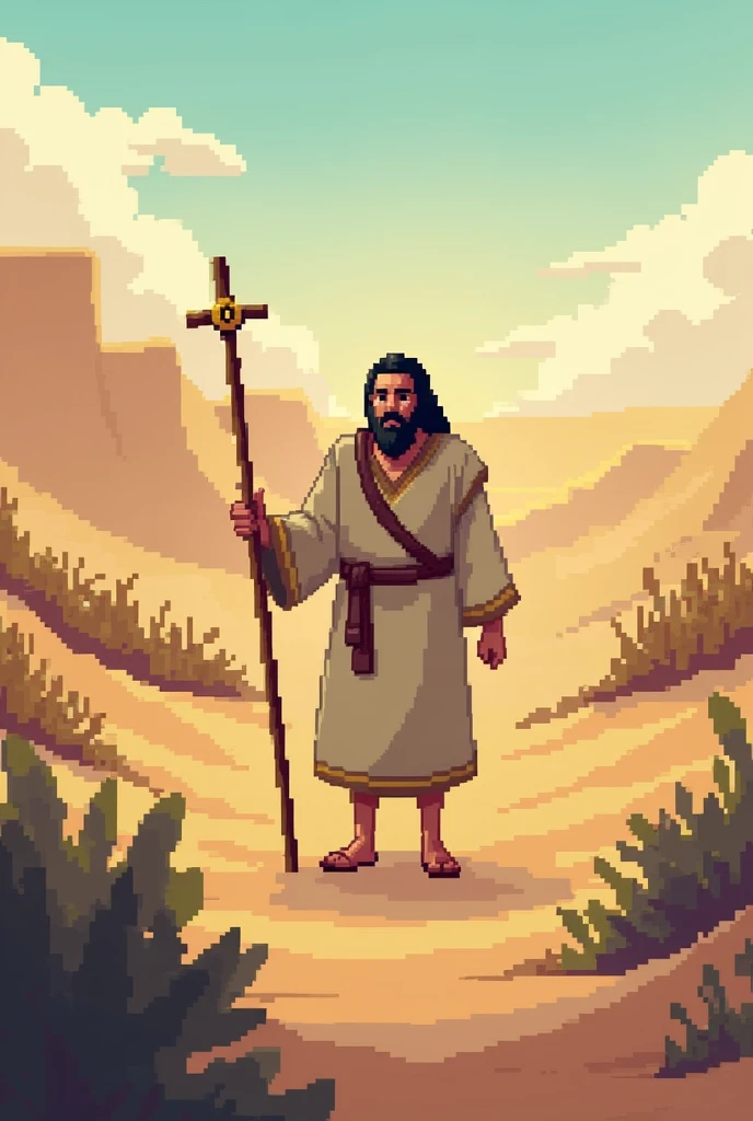 Disney pixel style template video, da história do profeta john Baptist com o seguinte roteiro 
Roteiro: john Baptist

Título: john Baptist: The Prophet of the Desert Duration: 3-4 minutes Style: pixel art, short animation Subtitles: Included in each scene Scene 1: O Nascimento de john Baptist**

Description of the scene:
The scene begins in a small village in Judea. A simple house is shown with landscapes around it. 

- Subtitles: "Zechariah and Elizabeth, an elderly couple without children, received a message from God."  
-Share: Zechariah is in the temple, in his priestly robe, and is surprised by the appearance of an angel. The angel speaks to him.
- Subtitles: "The angel Gabriel announced to Zechariah that they would have a son, even in his old age. This son would be called John."

Transition to the Next Scene: The image blurs and then breaks into pixels, revealing the next scene.

Scene 2: João no Deserto

Description of the scene:
John is now seen as an adult, with simple clothes made of camel hair, holding a staff. he's in the desert, surrounded by dunes and dry bushes.

- Subtitles: "John grew up and lived in the desert, preaching repentance and preparing the way for the Messiah."  
-Share: John walks through the desert, eating grasshoppers and wild honey, reflecting his austere and God-dedicated life.
- Subtitles: "He lived simply, eating grasshoppers and wild honey."

Transition to the Next Scene: The camera focuses on John walking to the right of the screen, and the scene transitions to a river.

Scene 3: O Batismo no Rio Jordão

Description of the scene:
John is now on the banks of the Jordan River, with many people gathered around.

- Subtitles: "Many came from far away to hear John preach and to be baptized by him in the Jordan River.."  
-Share: It shows John baptizing people in the river. Many people, com roupas simples, wait their turn to be baptized.
- Subtitles:  "I baptize you with water unto repentance. But he who comes after me is mightier than I."

Transition to the Next Scene: A c