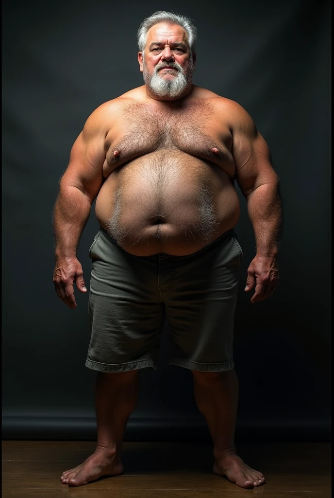 mature 50 years old man, silver hair, piercing eyes, bushy eyebrows, thick lips, hairy chest and belly, virile and tough, muscle and plump stocky build with massive feet, barefoot, (best quality,4k,8k,highres,masterpiece:1.2),ultra-detailed,(realistic,photorealistic,photo-realistic:1.37),studio lighting,extremely detailed portrait,dramatic lighting,chiaroscuro,dramatic shadows,cinematic composition,moody atmosphere