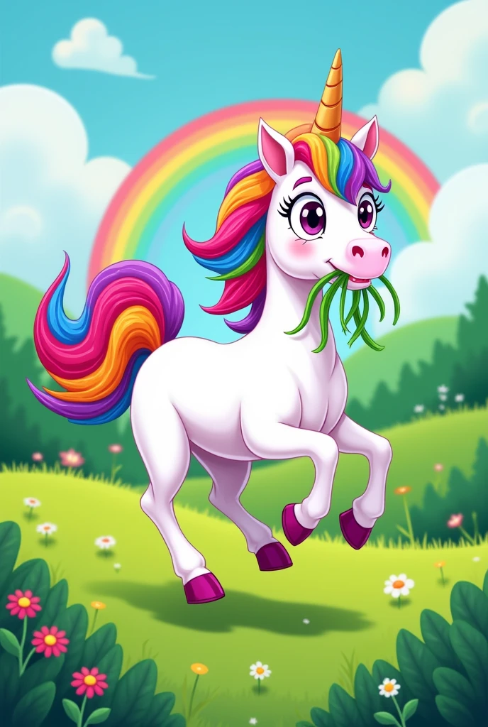 Racing unicorn with green grass in its mouth on a meadow with rainbow tail rainbow mane simple cartoon style with open eyes 