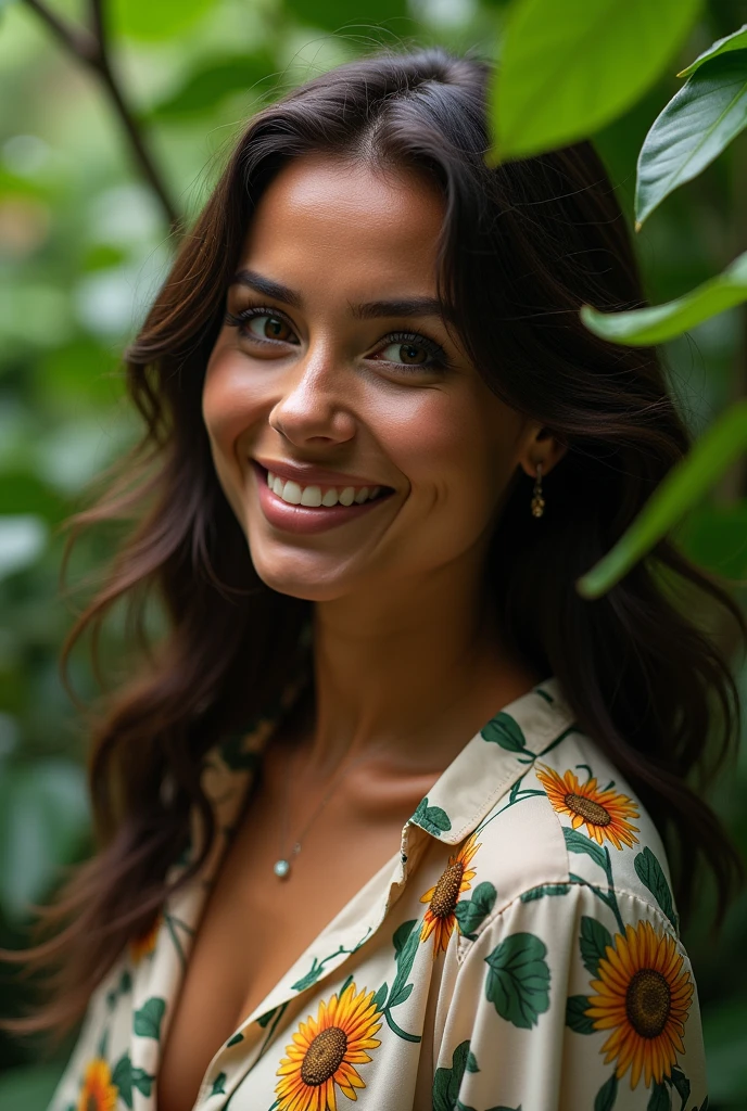 A Brazilian woman in a lush tropical garden, wearing an open shirt with a floral print, with a close-up capturing the harmonious beauty between her breasts and the natural flowers, showing off your natural charm and outgoing personality.