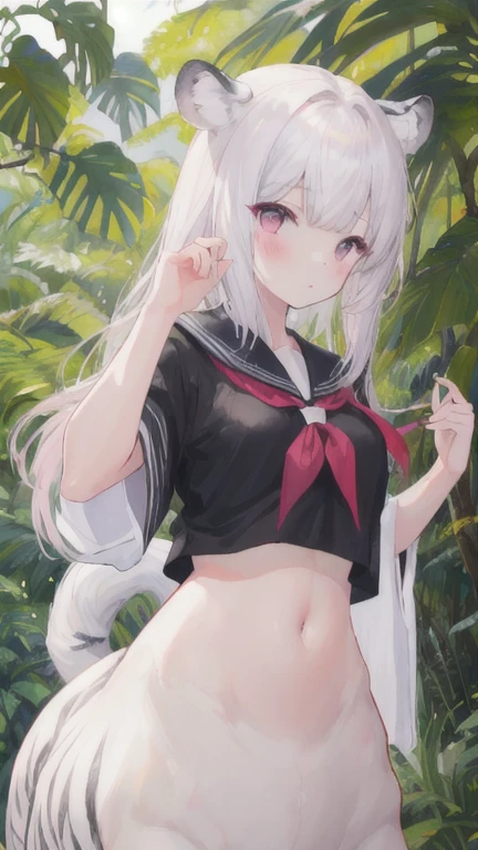 (best quality, masterpiece), 1 girl, centaur, I beg, White skin, Japanese schoolgirl,daughter,black pink, exposing the abdomen, belly button t-shirt , beautiful girl perfect, White tiger photo, perfect jungle photo
