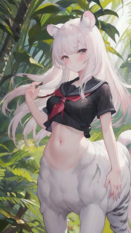 (best quality, masterpiece), 1 girl, centaur, I beg, White skin, Japanese schoolgirl,daughter,black pink, exposing the abdomen, belly button t-shirt , beautiful girl perfect, White tiger photo, perfect jungle photo