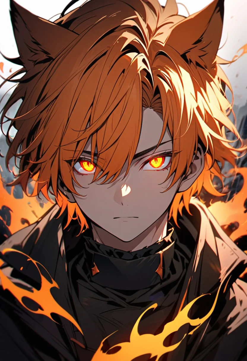 male, solo, handsome, orange hair, orange eyes, cat ears, beautiful eyes, beautiful color, high detail, beautiful background, glowing eyes, aura