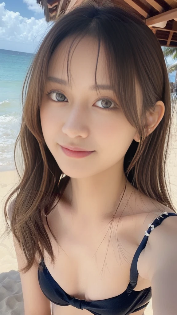masterpiece、1. Beautiful Japan、so beautiful、Beautiful Skin、((Depiction from the waist up:1.3))、(Surreal)、(High resolution)、(8k)、(Very detailed)、(Beautiful and beautiful eyes)、(Very detailed)、smile、Big eyes、Brown eyes、Long eyelashes、Bright lighting、Professional Lighting、Looking into the camera、Look straight ahead、Long Hair、Brown Hair、Ocean、Sandy Beach、Nogizaka Idol、actress、20-year-old、((Cleavage:0.1))、Bikini Swimwear、Wet Skin、、Moist and realistic skin texture、Moisturized lips、Natural Shadows、