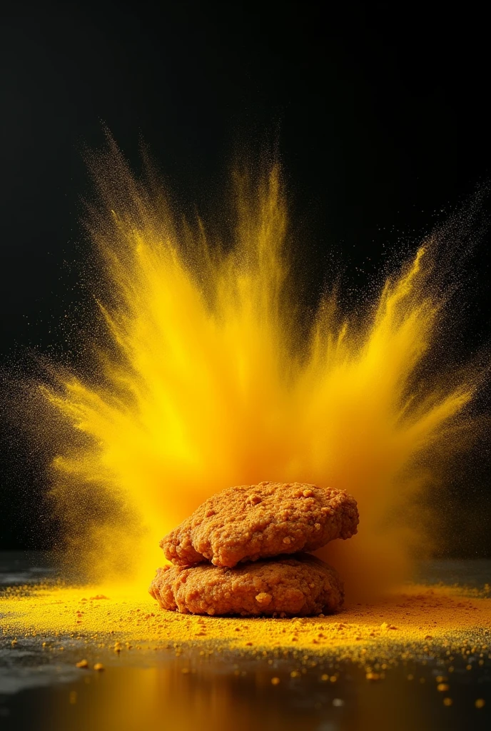 Commercial photography, powerful yellow powder explosion, fried chicken, black background, bright environment, white lighting, studio lighting, OC rendering, super detail, solid color isolation platform, professional photography, color gradinging About Midjourney Parameters --ar 9:16 --v 5.2 --s 750 --c 0 --q 1