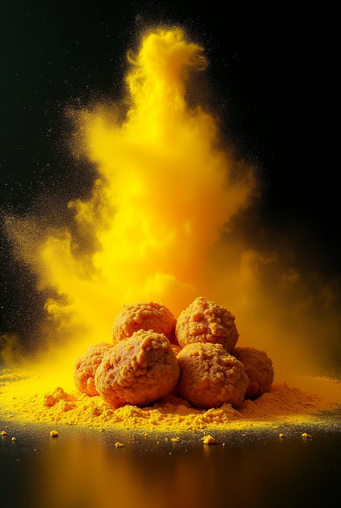 Commercial photography, powerful yellow powder explosion, fried chicken, black background, bright environment, white lighting, studio lighting, OC rendering, super detail, solid color isolation platform, professional photography, color gradinging About Midjourney Parameters --ar 9:16 --v 5.2 --s 750 --c 0 --q 1