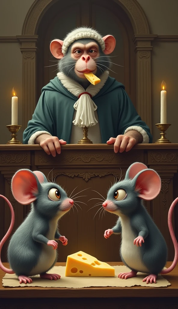 Two angry gray mice stand before the monkey judge who bit into a piece of cheese while the other smaller piece remains in a scale.