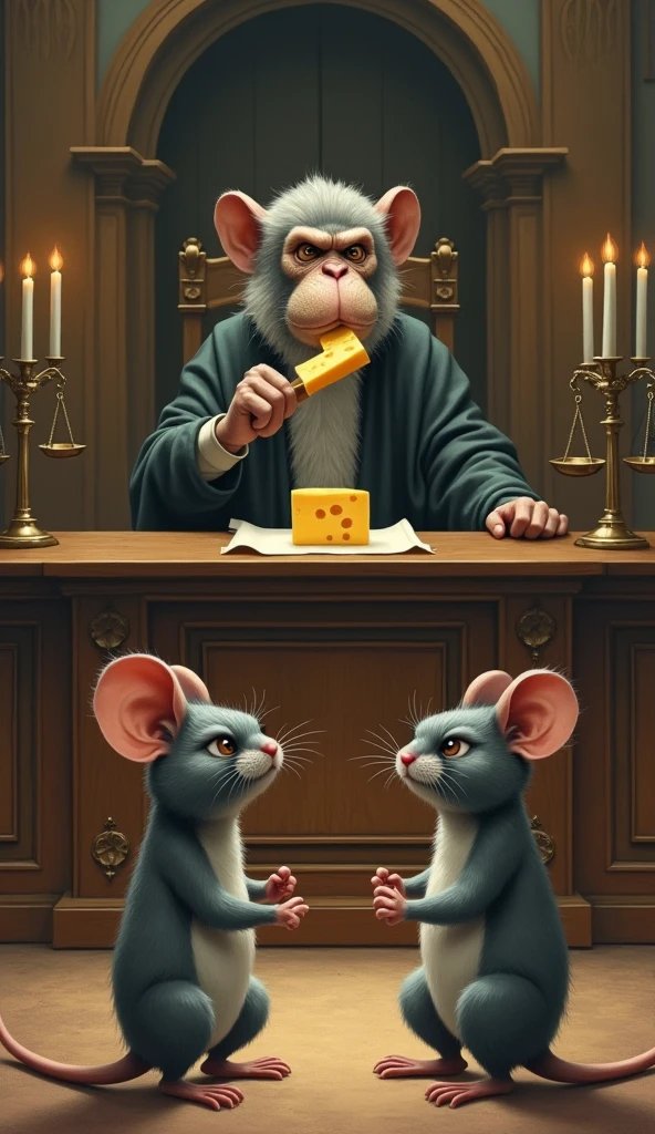 Two angry gray mice stand before the monkey judge who bit into a piece of cheese while the other smaller piece remains in a scale.