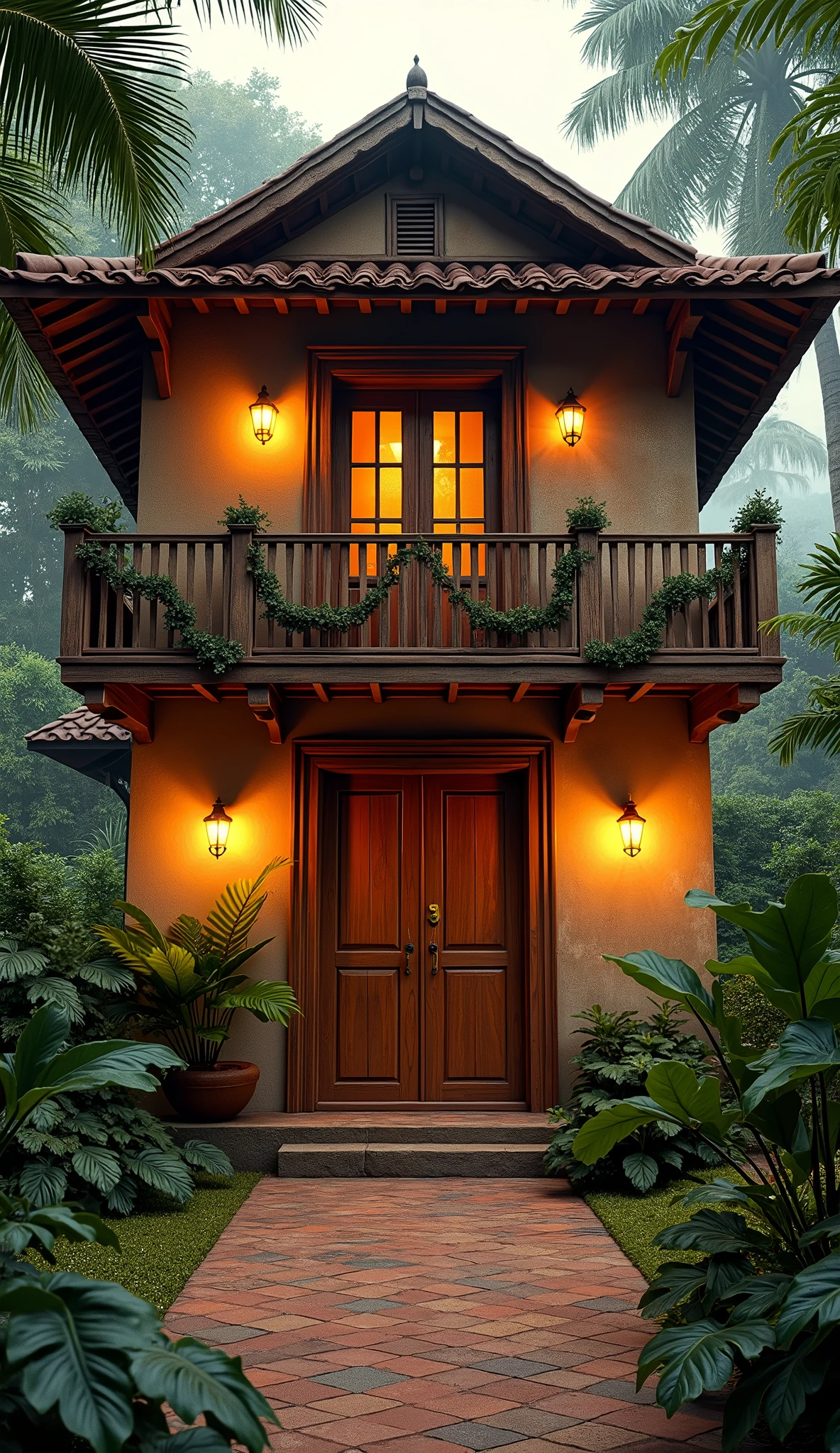 House with wooden doors and 2 balconies. warm lighting. brazilian house 