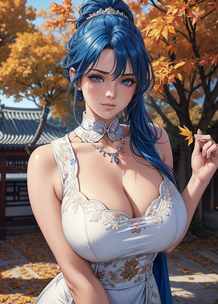 blue eyes, (Highest quality, masterpiece painting:1.3), Mature Woman, 20-year-old, (Half Body Shot), masterpiece, Ultra-high resolution, (Photorealistic:1.0), Blue Hair, Side Ponytail, Beautiful and shiny hair, White and glowing skin, ((Ultra-Realistic Details)), Octane Rendering, Highly detailed face, (Big Breasts:0.8),(Sexy and cute Chinese dress,Red and white contrast outfit,Delicate decoration:1.2), Open neckline, (necklace:1.0),Cleavage, Perfect body, Soft Skin, Anime Face, Perfect Face, Perfect Eyes, Looking at the audience, Smart, Autumn leaves under the tree background, Autumn leaves falling, Outdoor,shrine, Sharp focus, Intricate details, Professional artwork, (Bright colors:1.1), Bright colors, diffused Lighting, Digital Blending, Ultra high definition body, Super detailed hair, Highly detailed face, that'that'Trending on pixiv, Open the top button, Cute gaze, Compensate, Perfect Lips, perfect Compensate, Ultra-precision coating, (Light_smile:1.0), (Very embarrassed:0.8),