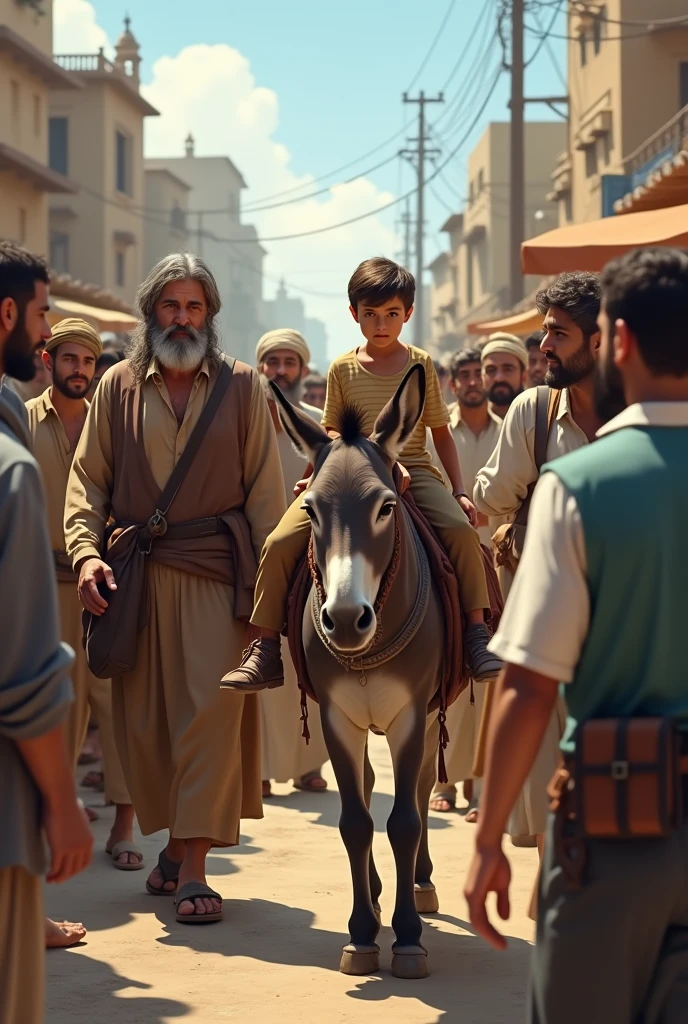 A man walks with a donkey and a boy on its back And many people are telling them something