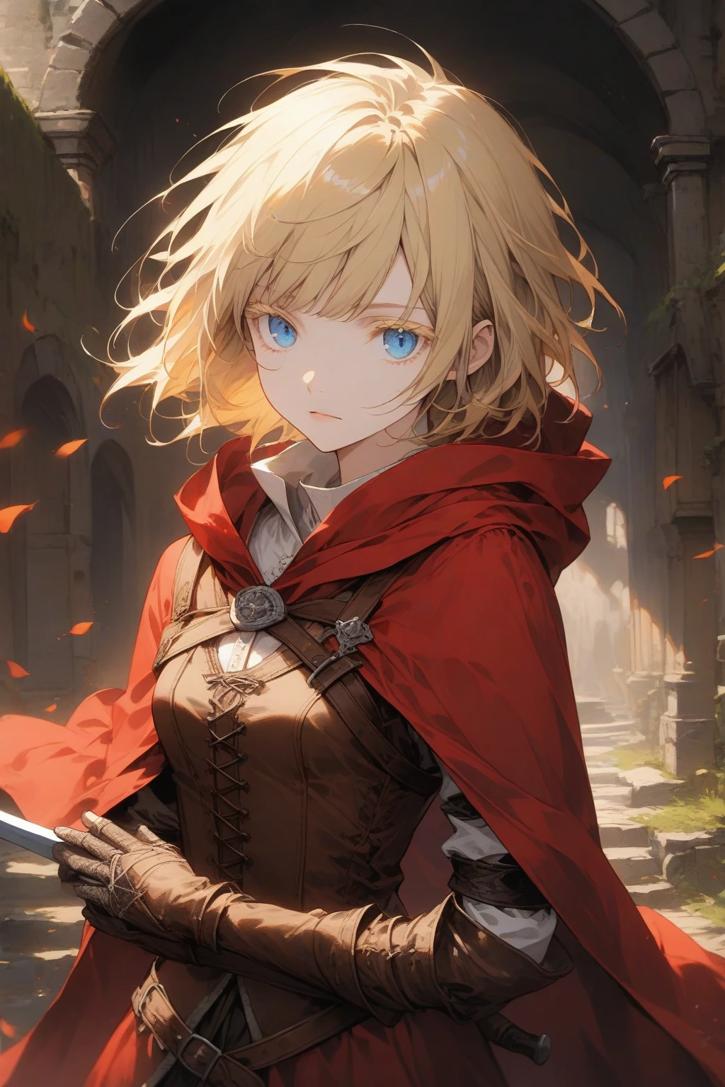 masterpiece, best quality, very aesthetic, absurdres,1girl,rating: general,(hyper detailed eyes),blonde hair,short hair,[disheveled hair],colored eyelashes,blonde eyelashes,blue eyes,(sharp eyes),(slanted eyes),choppy bangs,medium breasts,clear face,expressionless,(red hooded cloak),leather armor,leather chest guard,leather gauntlets,leather greaves,leather boots,(short sword),(sheathed),medieval,fantasy,