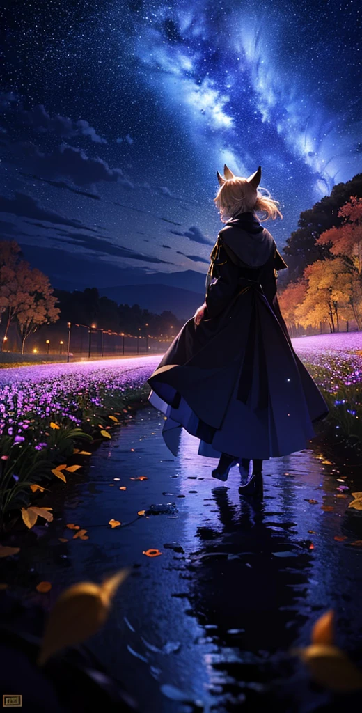 1people々々々々々々々々々々々,Woman with medium length blonde hair,Fox Ears,Long coat,Takageta, Dress Silhouette, Rear View,Space Sky, Full moon background,Flower Field,Colorful flowers,Dancing Petals,autumn,autumn leaves,rain,