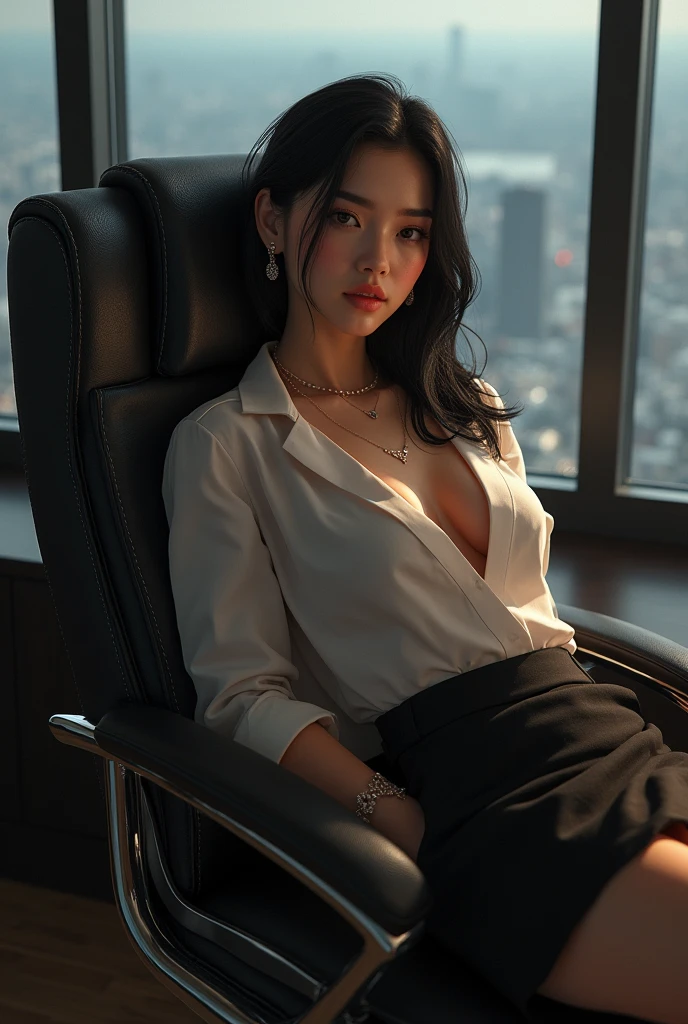 1 girl leaning back in an office chair,Computer,(European model:1.3),21yo,delicated,Business womenswear,,(Open-chested shirt:1.2),nedium breasts:1.2,Bring your chest together,shoulders out,Slender,(Wrap skirt:1.1),jewelry,Hosiery,Stockings,Flesh-colored stockings,goosebumps,Goose - meat,(Fidelity:1.3),filigree,quality,(tmasterpiece:1.2),(Fidelity:1.2),(best qualtiy),(skin detailed:1.3),(Complicated details),dramatics,Ray traching,photore,Bathed in shadows,visual novel,The boss's office for a skyscraper,window with view on the city,filmgrain,depth of fields