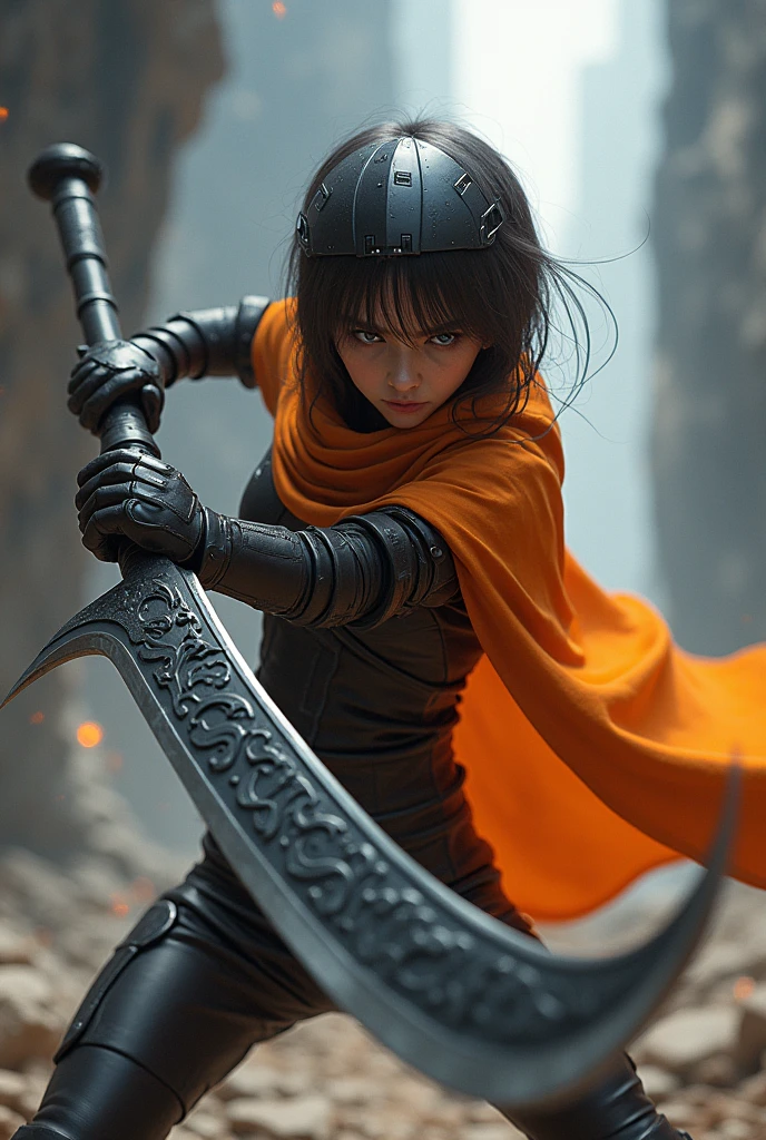 Digital art. A girl fighting with a sythe, she's using a helmet, a orange cape.