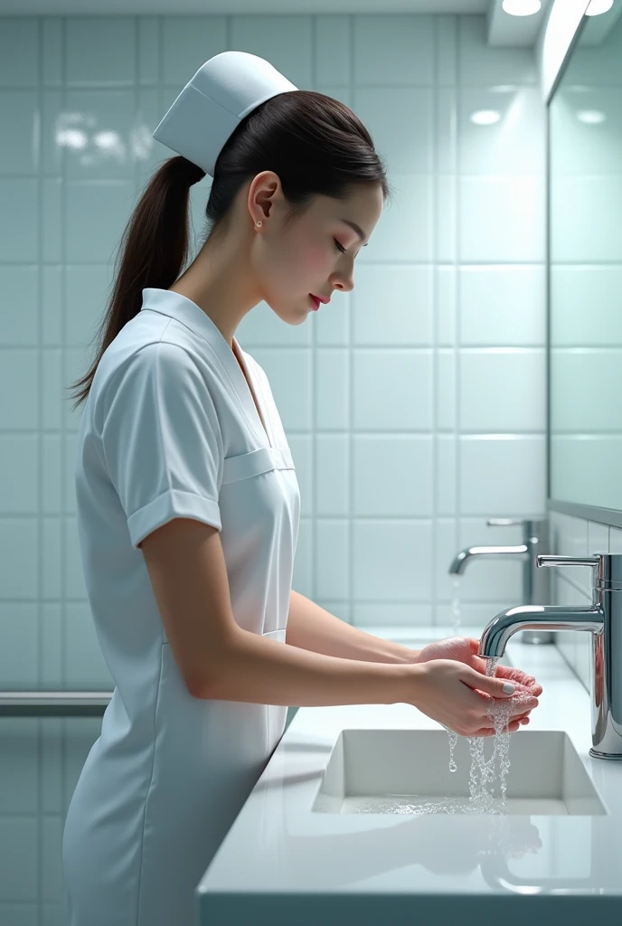 A nurse washes her hands before eating.