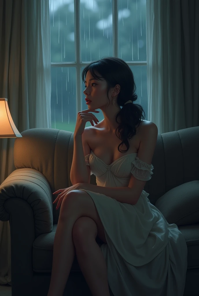 arafed woman sitting on a couch with her hand on her chin, Kasumi Arimura, My motto is Teshirogi, For whom?, Another Iwakura, It rains