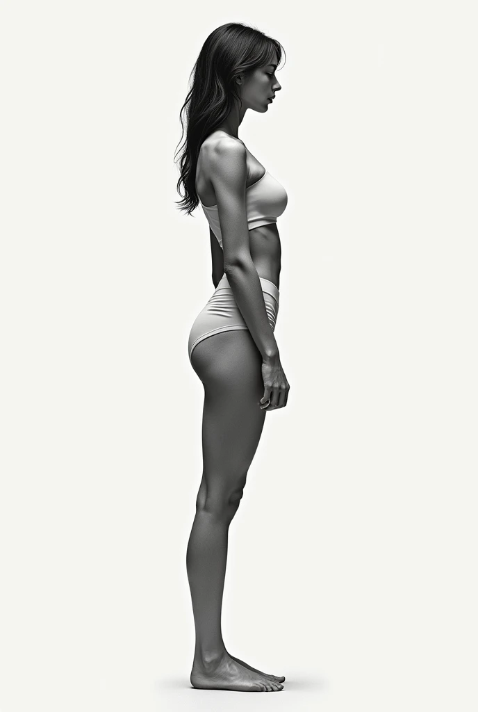 Image of a woman&#39;s body dressed in a top and shots in anatomical profile position, showing an imaginary division that separates the left side from the right.