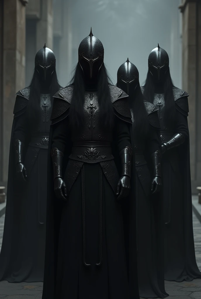Create four beautiful soldiers, with long hair and black armor and capes who are lowering their heads in a sign of respect. 
