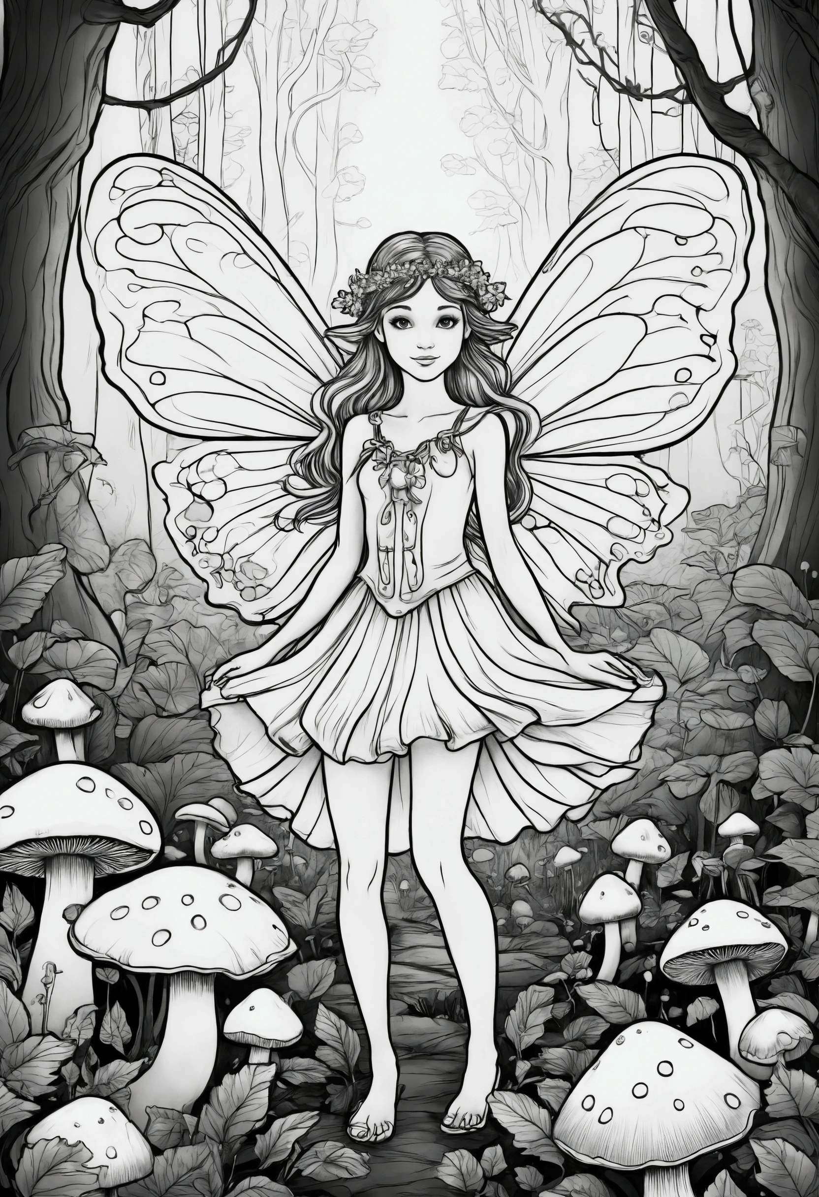 A fairy surrounded by glowing mushrooms in an enchanted forest., for coloring pages, full white, clean line art, children's style, magic forest background, full body, Sketch style, playful style, children's, coloring page, clean line art, white background, coloring page, clean outline