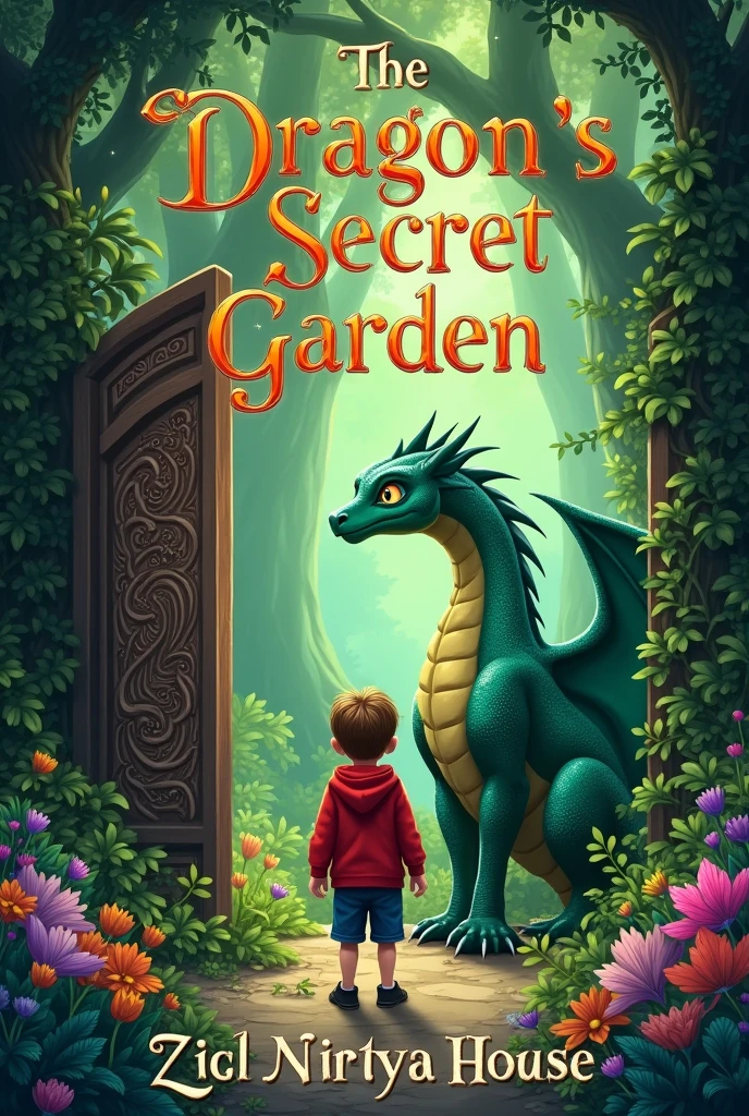 Design Details:
Background: The front cover should have a magical, enchanted forest setting, with lush, green trees and colorful, blooming flowers. The background should hint at the secretive and mystical nature of the garden.
Main Elements:
Dragon: Eldric, the dragon, should be prominently featured. He should have shimmering green scales, wise blue eyes, and appear majestic yet gentle. Position Eldric either near the center or slightly to the side, standing guard at the entrance to the secret garden.
Gate: An ancient, ornate gate with dragon carvings should be partially open, inviting readers to enter the secret garden. The gate can be framed with vines and flowers.
Alex: Include Alex, the young boy, standing near the gate, looking curious and ready for adventure. He should be wearing a red hoodie.
Text: The title "The Dragon's Secret Garden" should be in large, enchanting, and slightly whimsical font, placed at the top. The author's name should be at the bottom, in a smaller, complementary font.