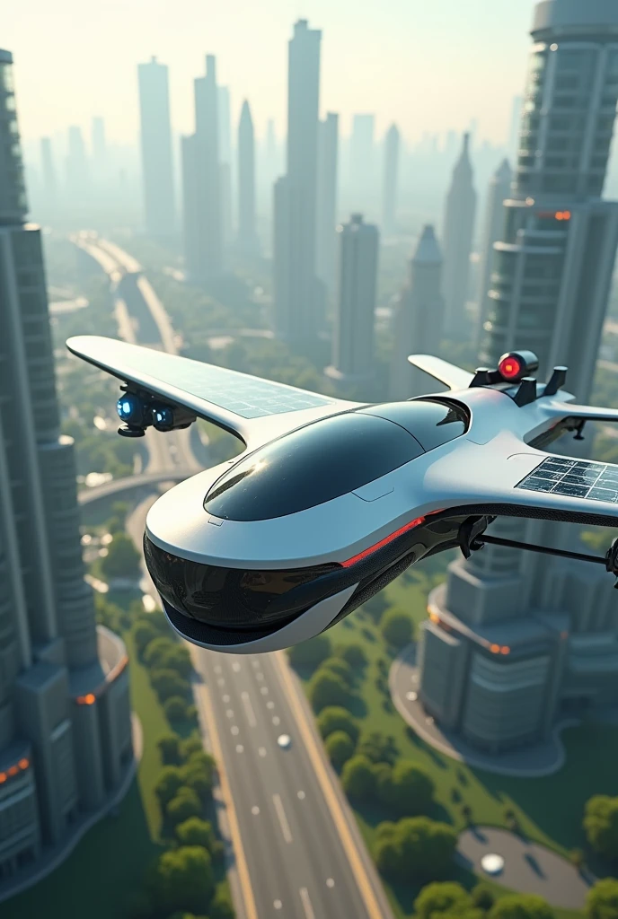 Create me a drone that is futuristic, should have solar pannel at his back and made with eco friendly material, and this should can detect disasters and restore ecosystem. The background should be futuristic also