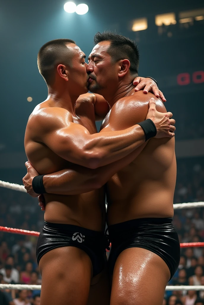 A young Japanese professional wrestler A and a senior Japanese professional wrestler B are in the ring.。They are on the same team。
A is buzzcut and muscular、Wearing short tights。Sweaty。
B is short-haired, muscular, and dark-skinned、Wearing short tights。
A and B hug each other tightly and kiss to celebrate their victory. Fujifilm, Looking up from the feet,