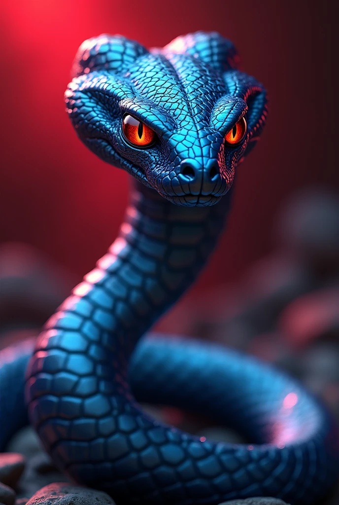Metallic blue Viper with an evil look, with a red and silver background