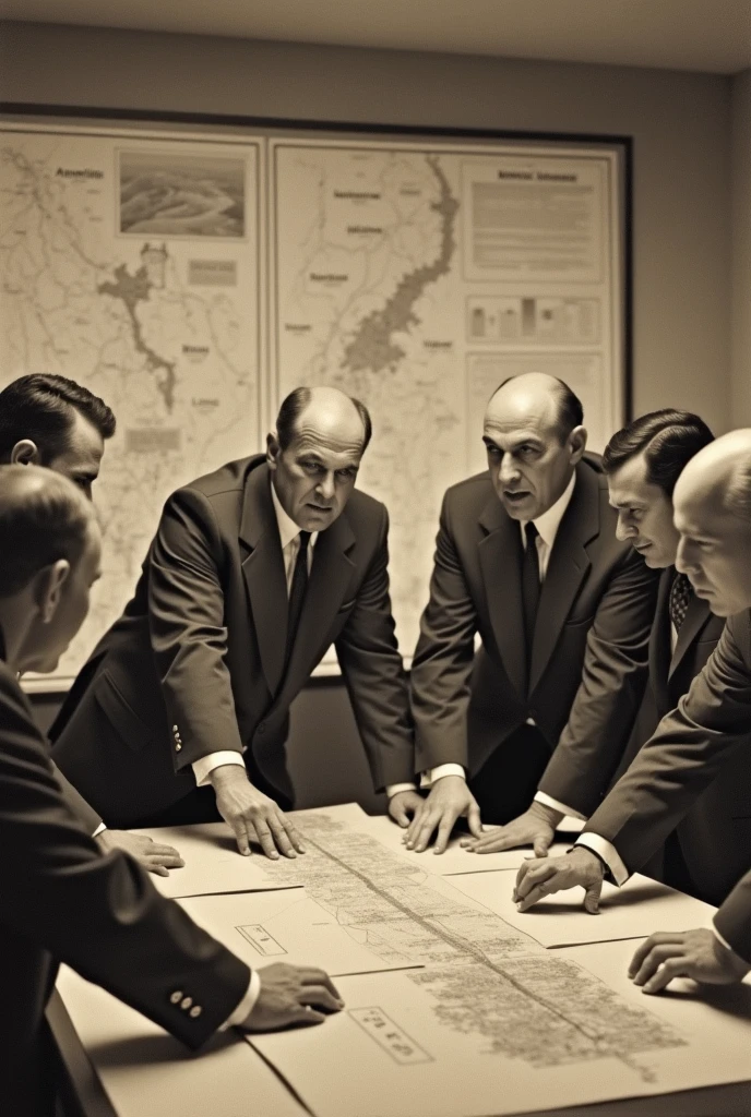 A vintage photo of WAPDA's planning team, with maps and documents in the background.