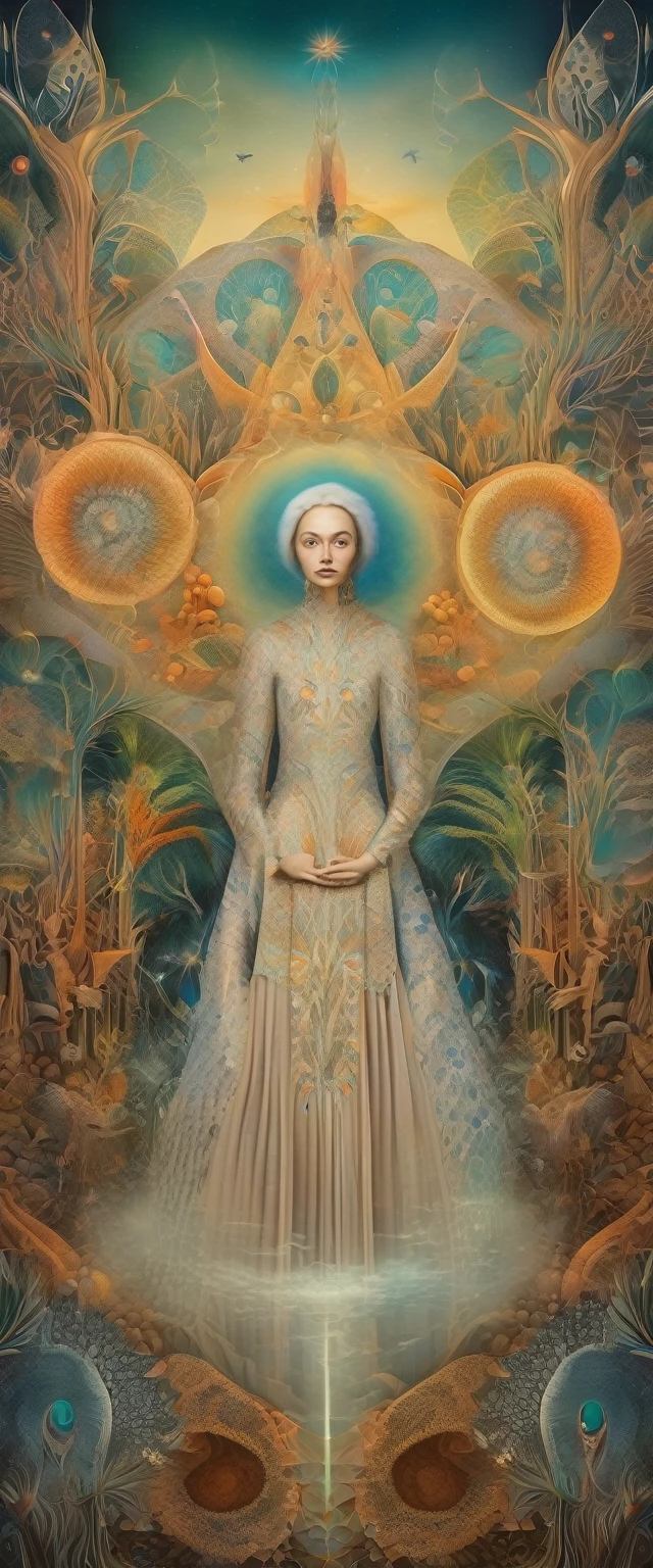 A surreal dreamlike scene featuring a female figure, intricate organic patterns and textures, vibrant colors, mystical symbolism, ethereal lighting, Leonora Carrington-inspired surrealism, Ernst Haeckel-esque biomorphic forms, Remedios Varo-esque mysticism, fantastical landscape, imaginative details, masterful execution, photorealistic quality, ac_neg1