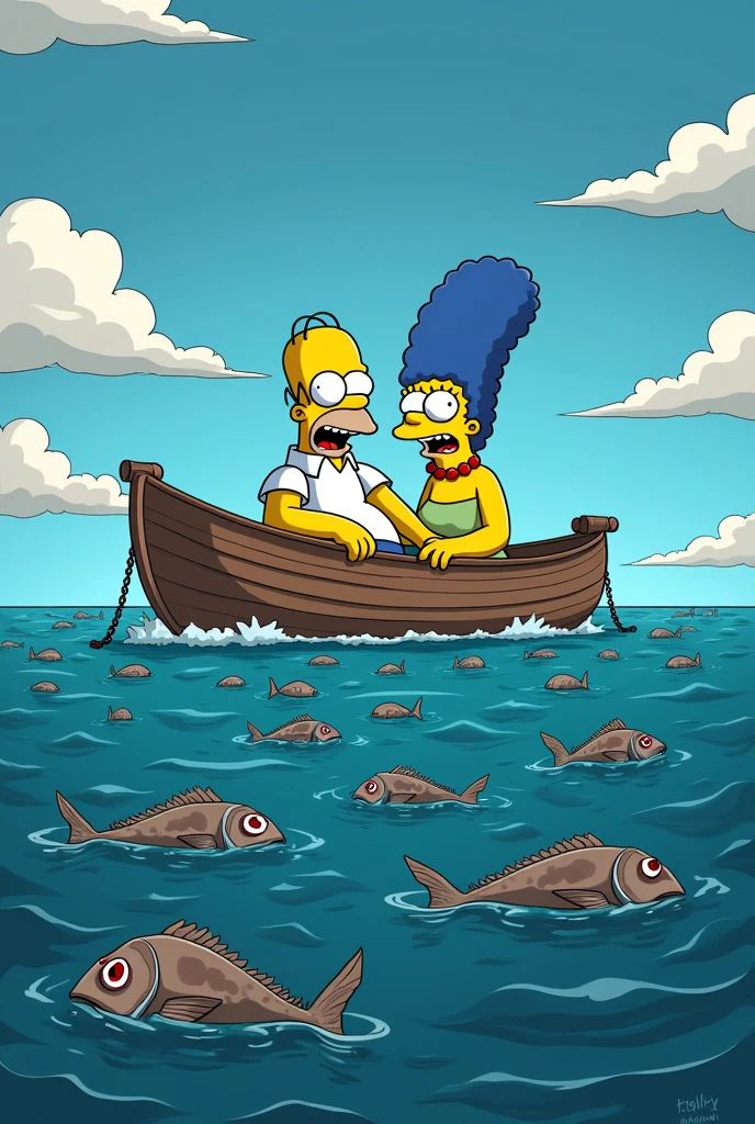 a simpsons style landscape image of homer and marge Simpson looking horrified sitting in a boat in the ocean holding fishing lines. all the fish are dead floating on the surface of the water
