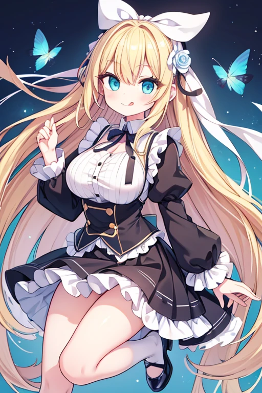 work, Highest quality, girl, long hair alternative, absurdly long hair, blonde hair, bow hair, Aqua Eye, Captivating smile, tongue, Iris, Long eyelashes, Big Breasts, Mole on chest, White shirt, Black short skirt, shoes, meanwhile, hair ribbon, flower ribbon, hair_ribbon, hair_ribbon, hair_flower
