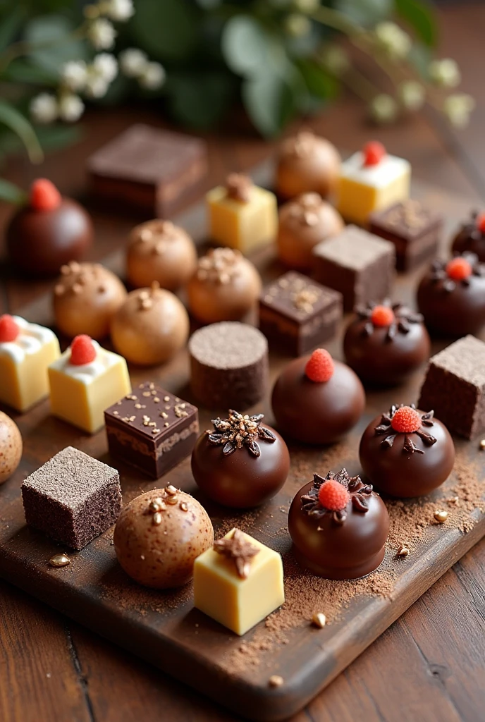 brown table full of chocolates and cakes seen from above