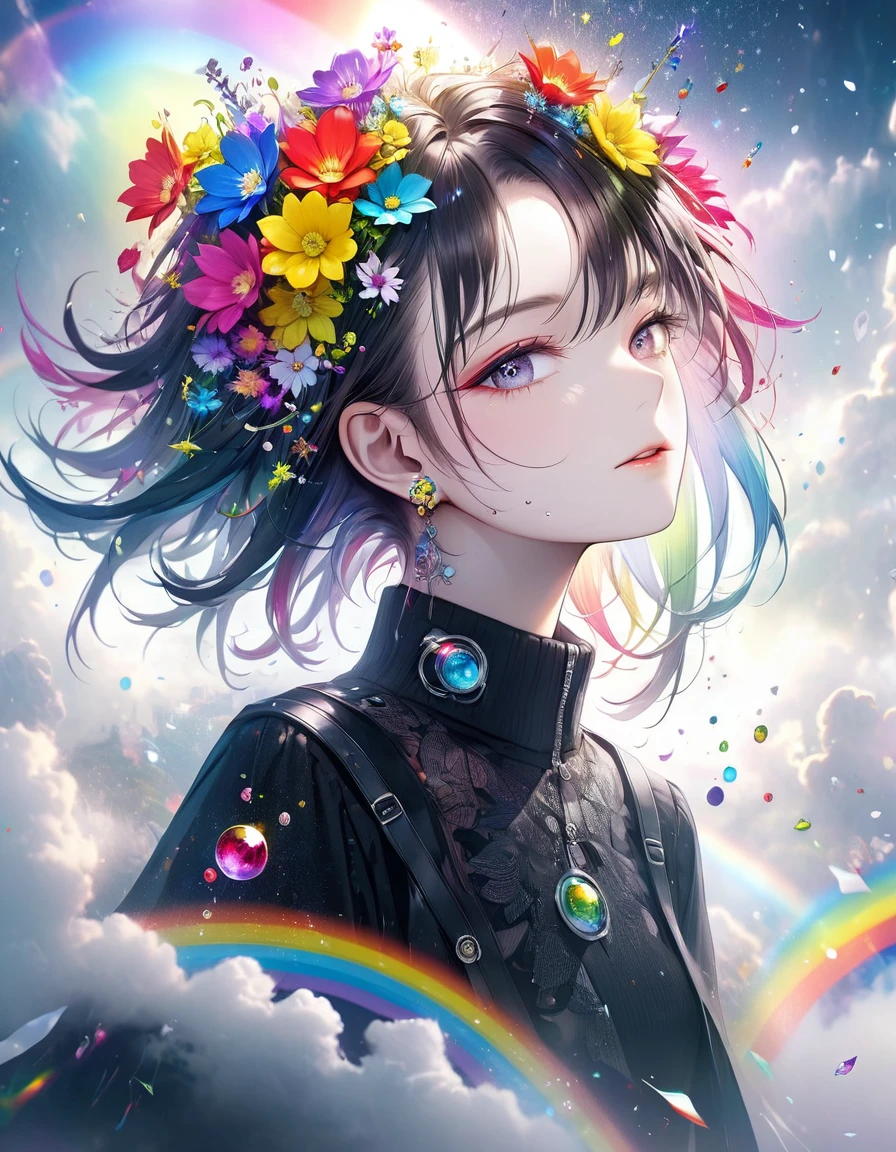 A fantasy world that combines flower punk and gem punk, Wisdom Beauty, A distorted space from another dimension, Conceptual installation art, (Extremely detailed, Absolute resolution, best quality:1.3), 2.5D, Delicate and dynamic special effects, Fog filter effect, Rainbow glitter effect, artistic, overtake, Graphics CG Digital Art, portrait