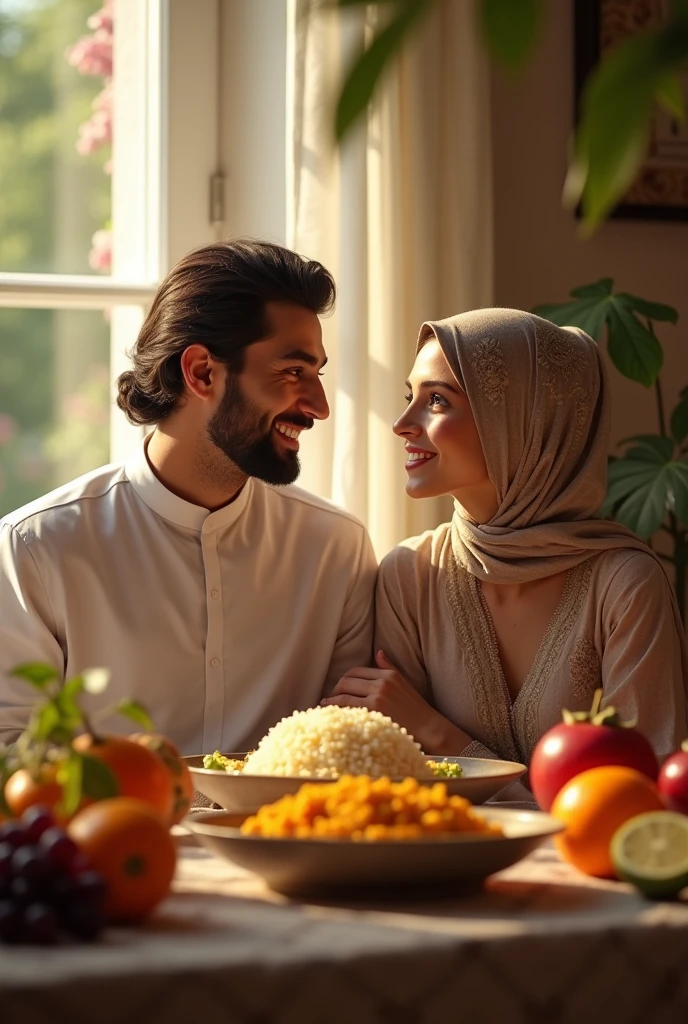 A Muslim handsome man and a beautiful woman are sitting on a chair at a dining table. On the dining table are various fruits and curry rice. They are talking.