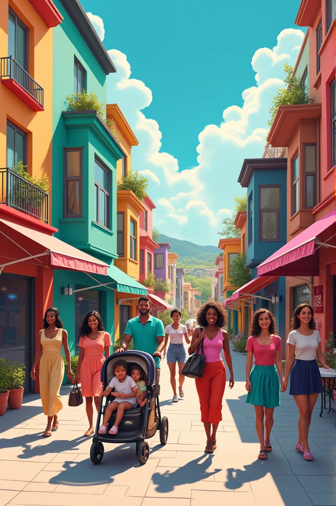 a street in the future where you see women and men, at least one man with a stroller, who cares for his children. The women all look happy and feel safe. They are all equal. Along the street there are many colorful houses. In a house you see a man vacuuming. The people on the street are all diverse and from different cultures. You also see a woman as boss. There is also a house where women have a café just for themselves. There are also hygiene products for women everywhere