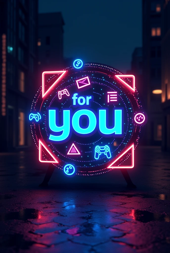 Logotipo “For You”, on the edges image of game triangle, latern, dollars and control button, on blue urban post, with neon and phosphorescent colors. black backdrop.