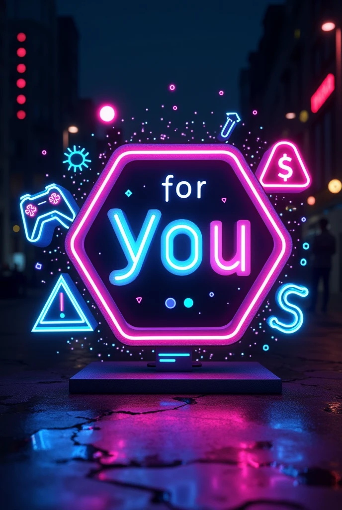 Logotipo “For You”, on the edges image of game triangle, latern, dollars and control button, on blue urban post, with neon and phosphorescent colors. black backdrop.